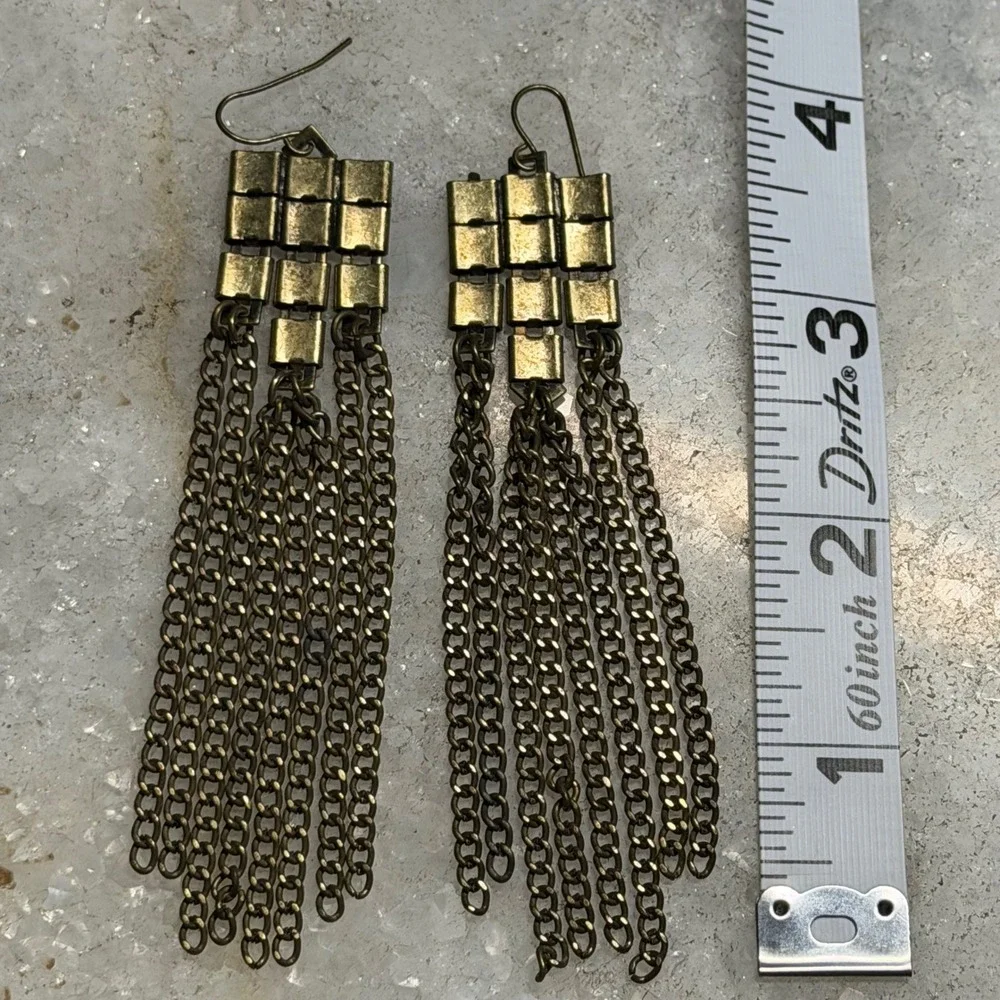 Brass Tone Chain Fringe Tassel Earrings Grunge Art Deco Long Boho Punk Y2K Edgy